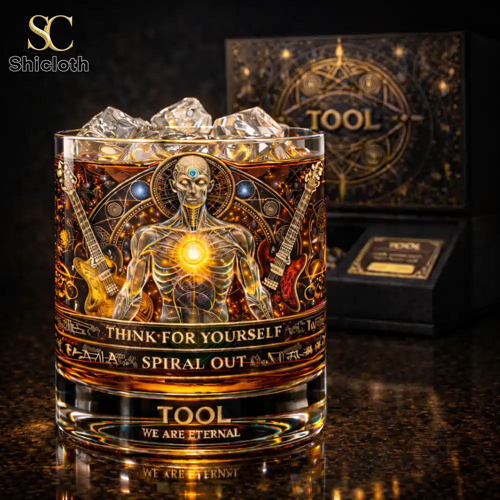 Close up of artistic TOOL whiskey glass with detailed design by Shicloth!