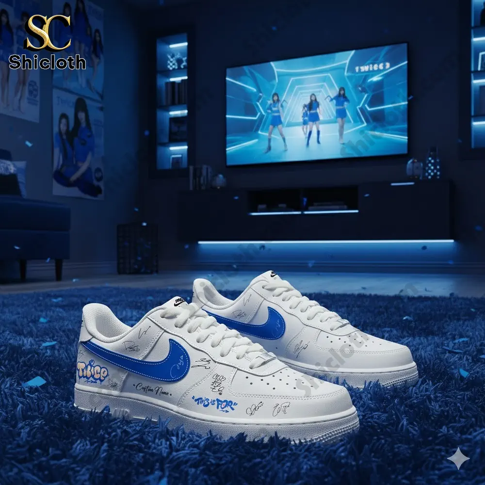 Nike Air Force 1 sneakers with TWICE signatures and blue accents, shown in a room with a TV in the background playing a TWICE performance.