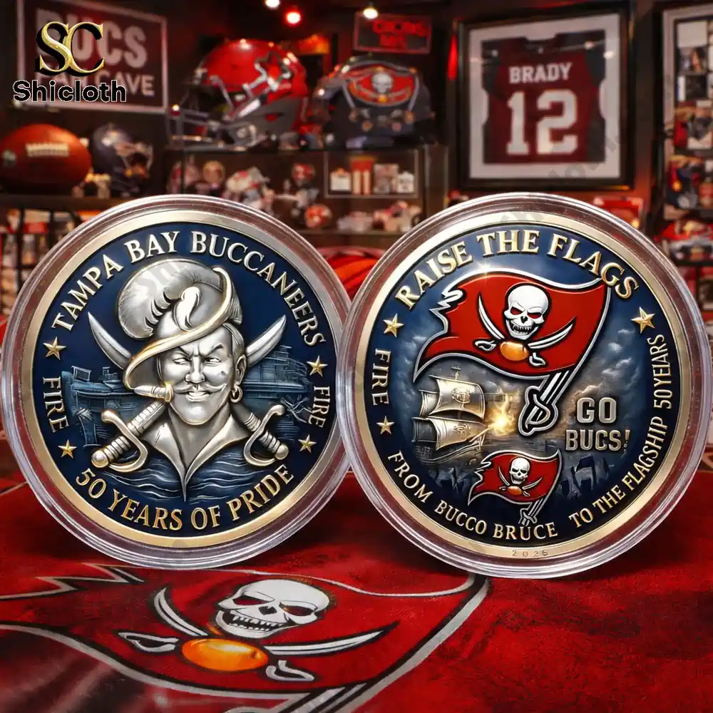 Two Buccaneers commemorative coins on display in fan cave setting!