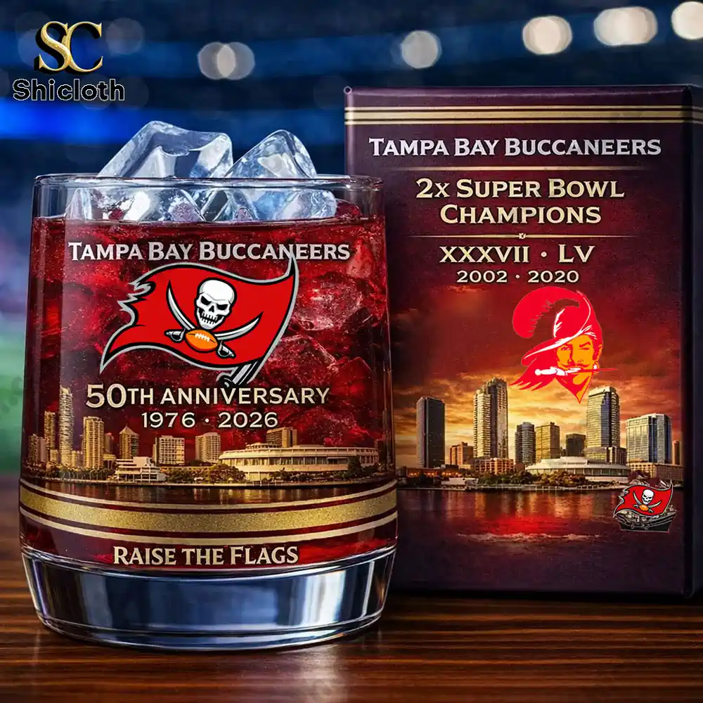 Tampa Bay Buccaneers anniversary whiskey glass with gift box and city skyline!