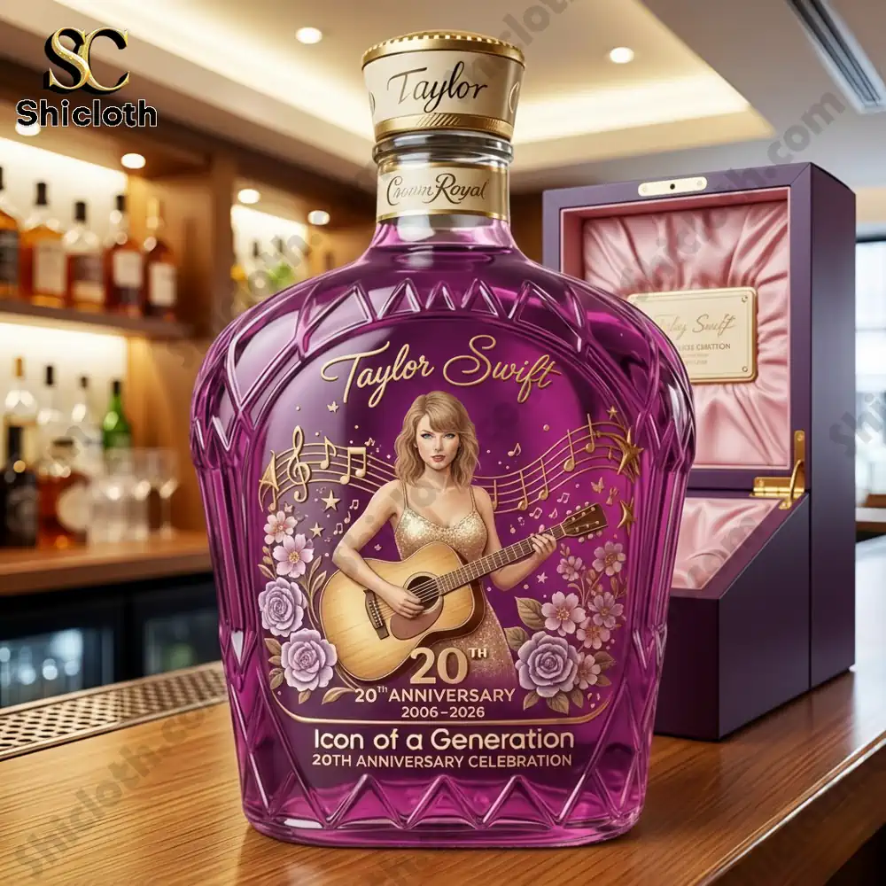 Close up of a purple anniversary liquor bottle on a wooden bar counter!