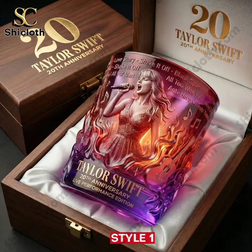 Crystal tumbler with Taylor Swift live performance artwork in a wooden anniversary box!