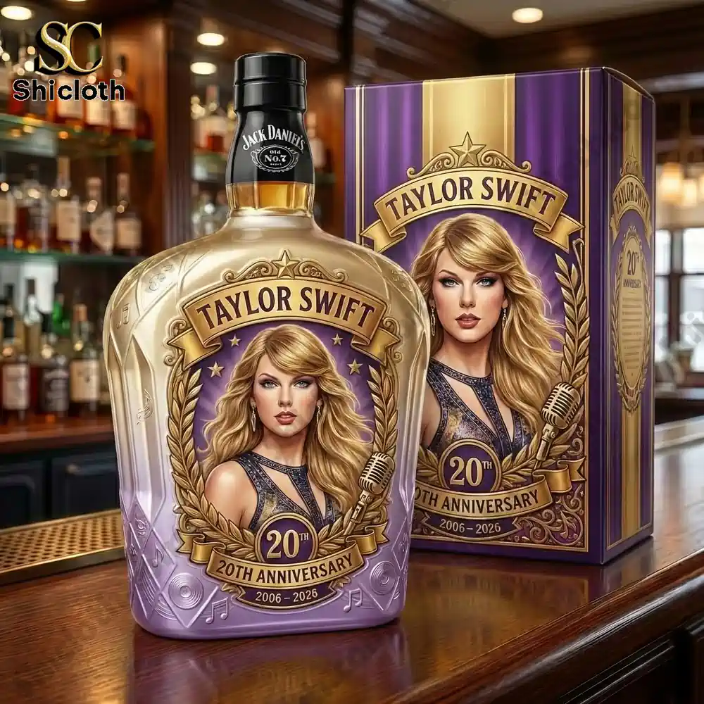 Taylor Swift anniversary bottle with black cap on wooden bar!