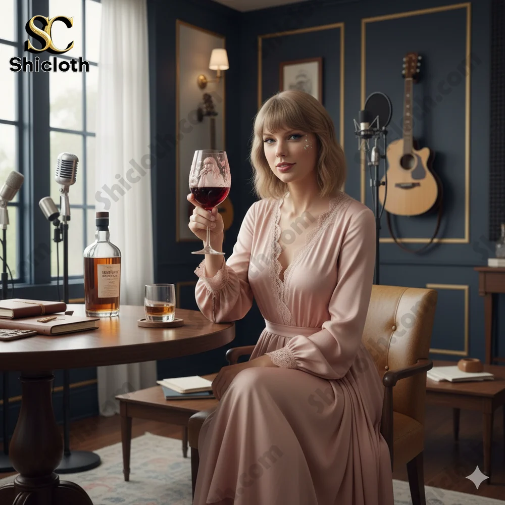 Elegant woman holding a red wine glass in a classic music studio setting!