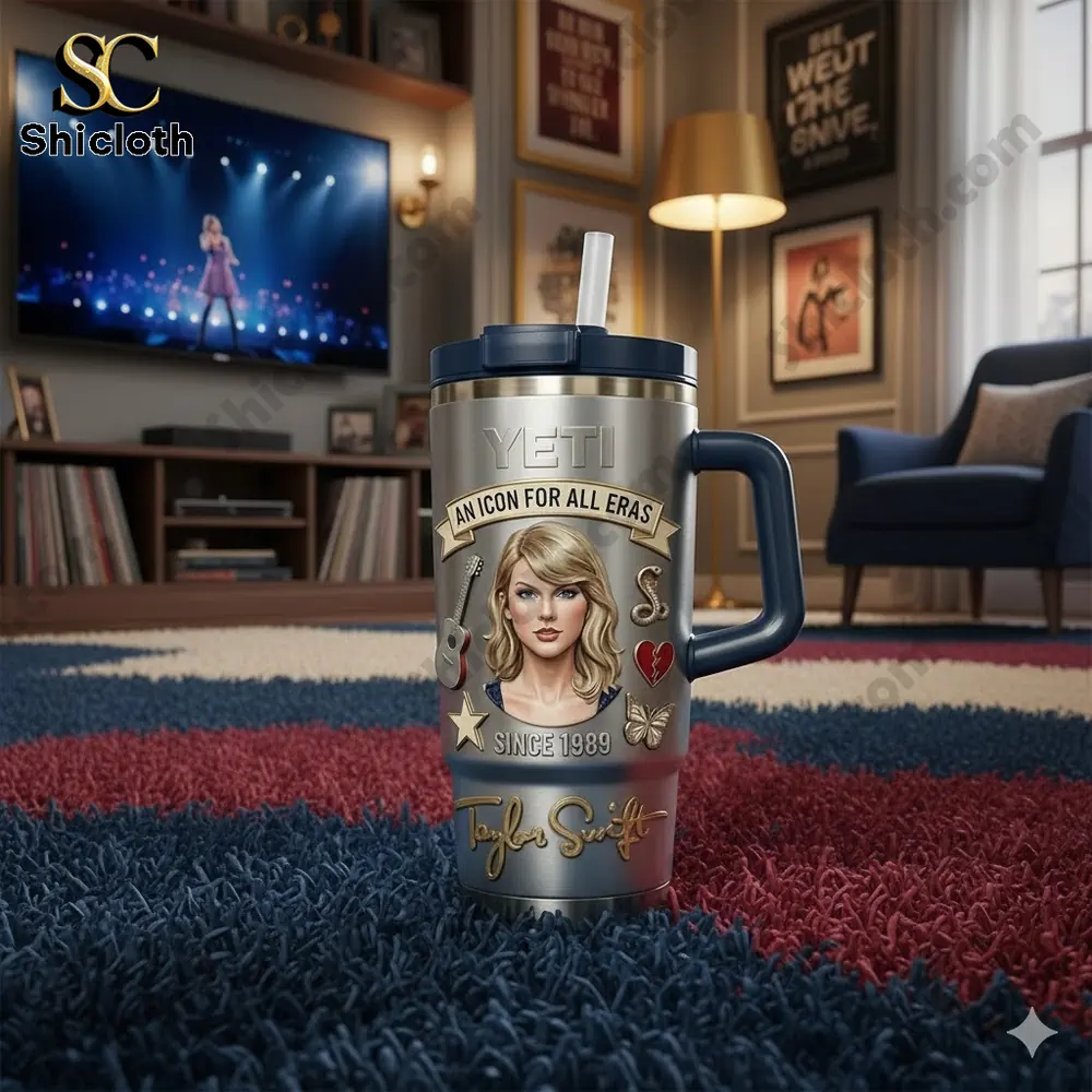 Taylor Swift themed Yeti tumbler displayed in a cozy living room from Shicloth!