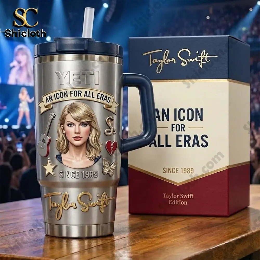 Taylor Swift themed Yeti tumbler with product box on a concert stage from Shicloth!