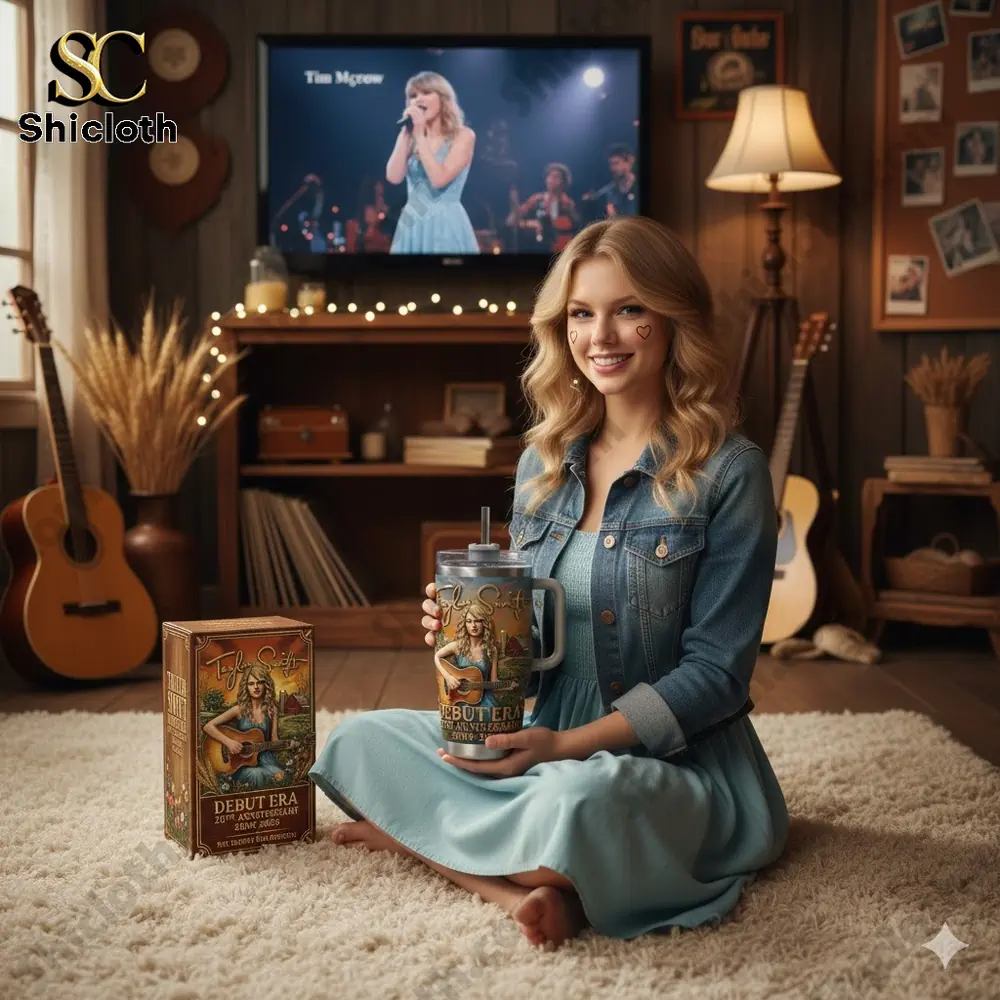 Woman holding a country debut era themed mug gift set in a cozy music room!