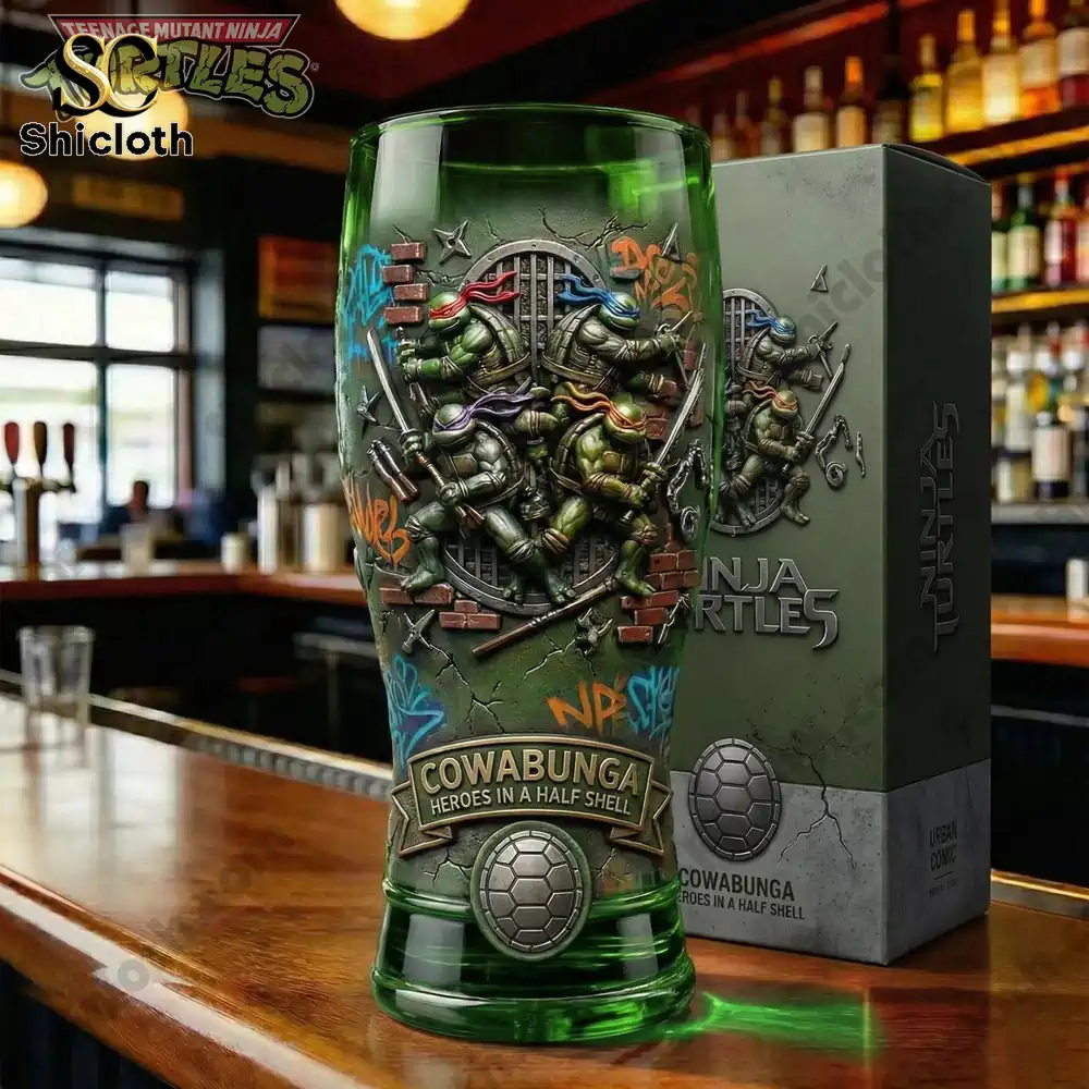 Teenage Mutant Ninja Turtles themed green beer glass on a bar counter!