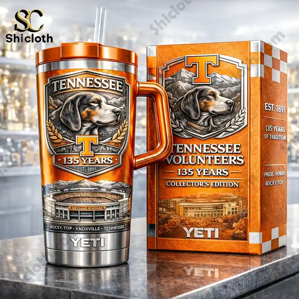 Close view Tennessee Volunteers YETI tumbler with detailed collector box!