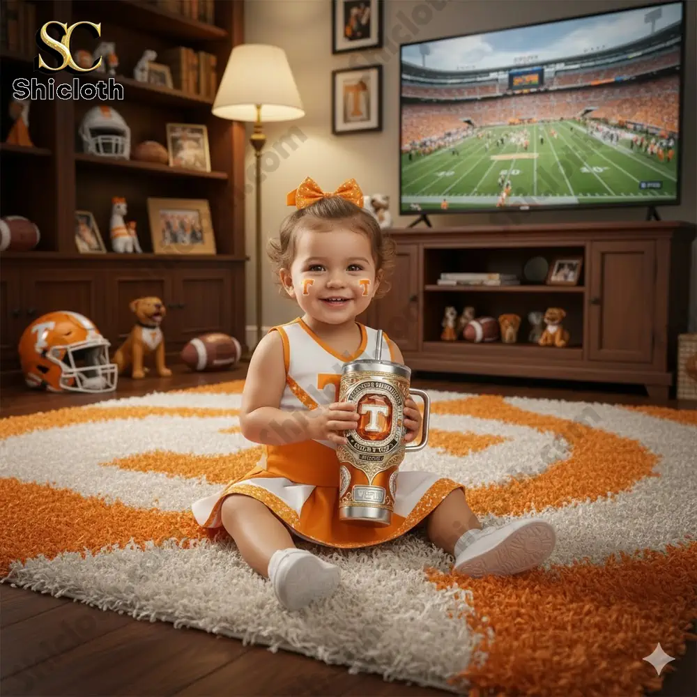 Baby wearing Tennessee outfit holding a decorated sports tumbler in a living room