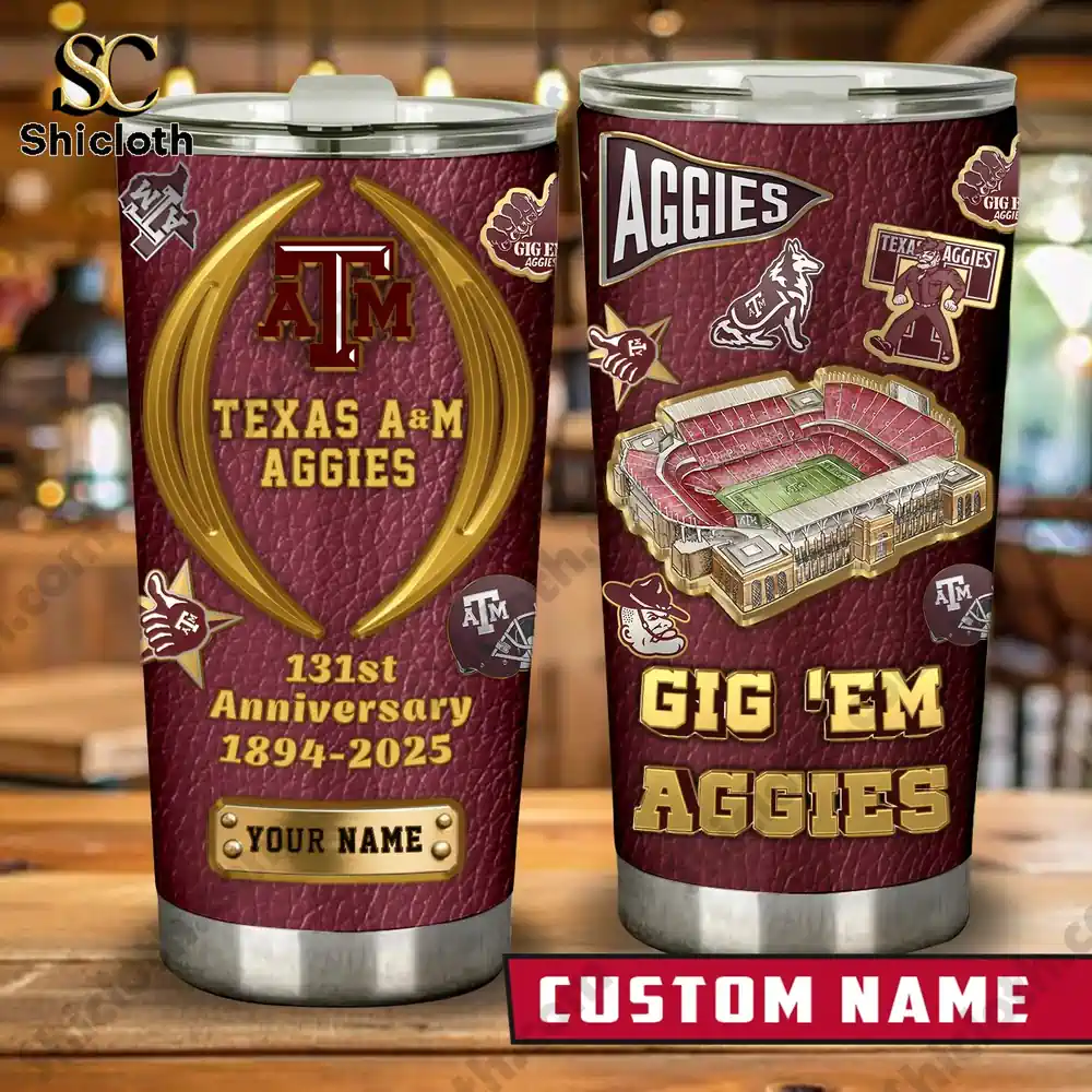 Texas A M Aggies anniversary tumbler with custom name and maroon design!