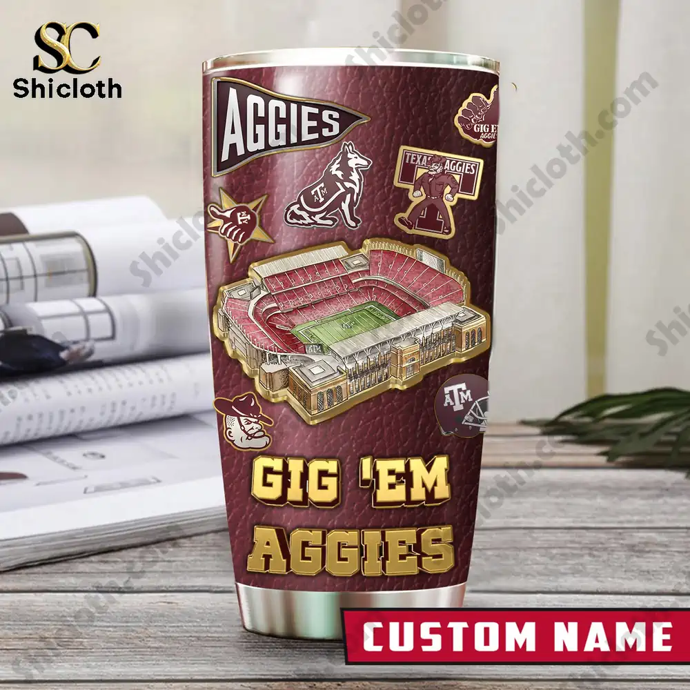 Texas A M Aggies tumbler with stadium artwork and team icons!