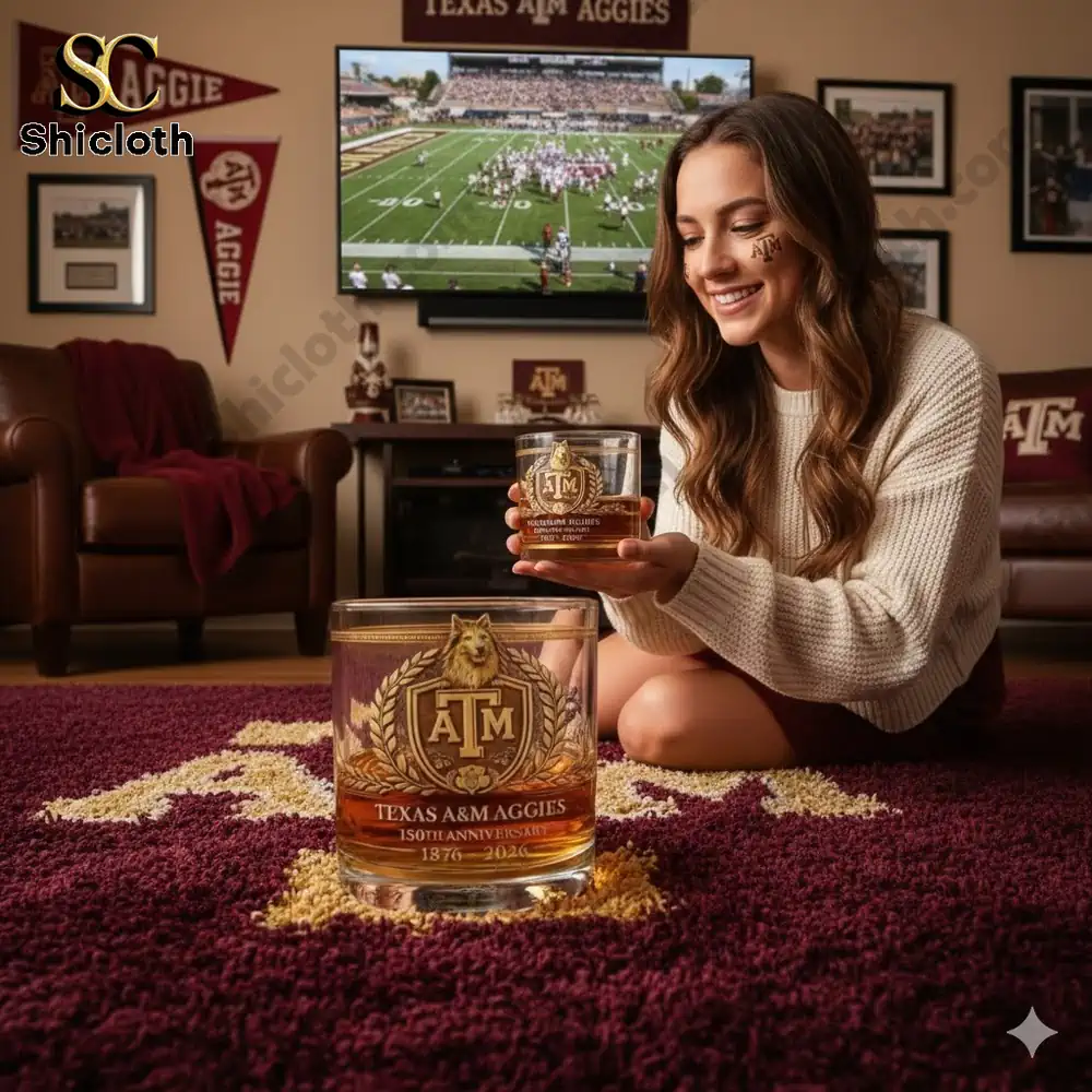 Woman holding Texas A and M Aggies anniversary whiskey glass in themed living room!