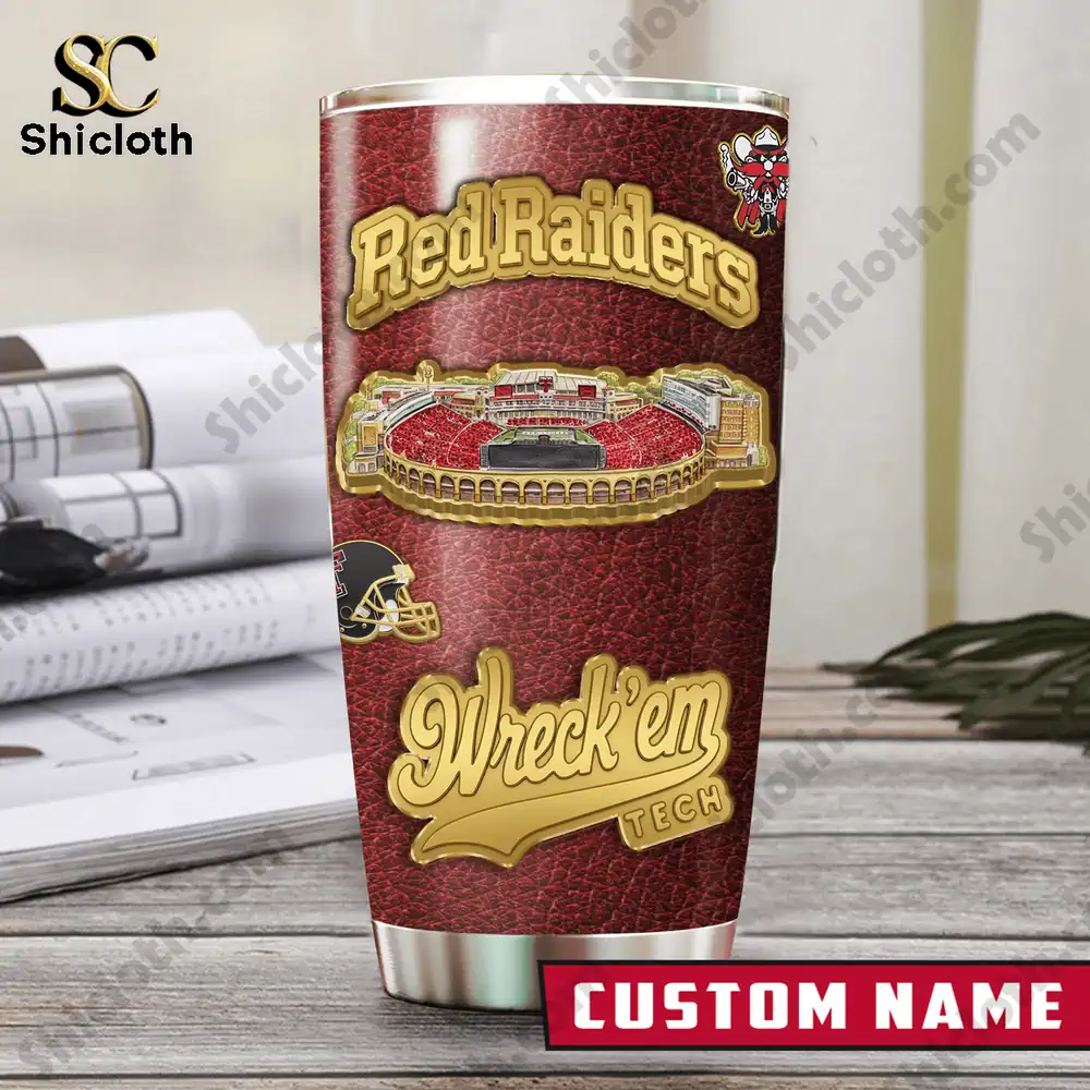 Texas Tech 100th Anniversary Custom Name Tumbler Cup 3 Texas Tech tumbler on desk display!