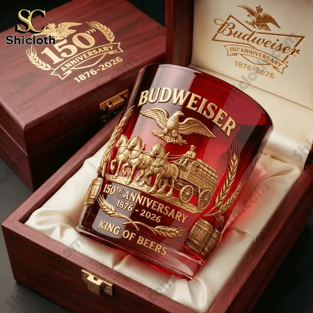 Budweiser anniversary glass displayed in a wooden gift box!