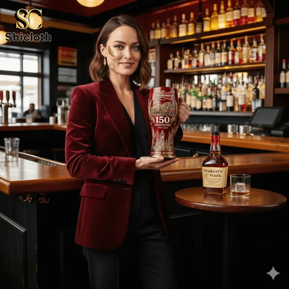 Woman presenting a red Budweiser anniversary beer glass in a classic bar setting!