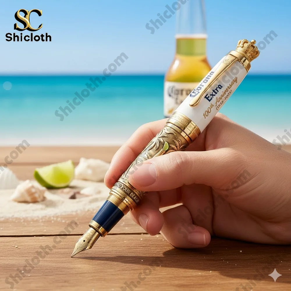 Luxury fountain pen held by hand on beach with beer bottle behind!