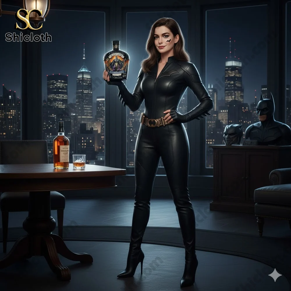 Woman in black suit holding themed whiskey bottle in city office!