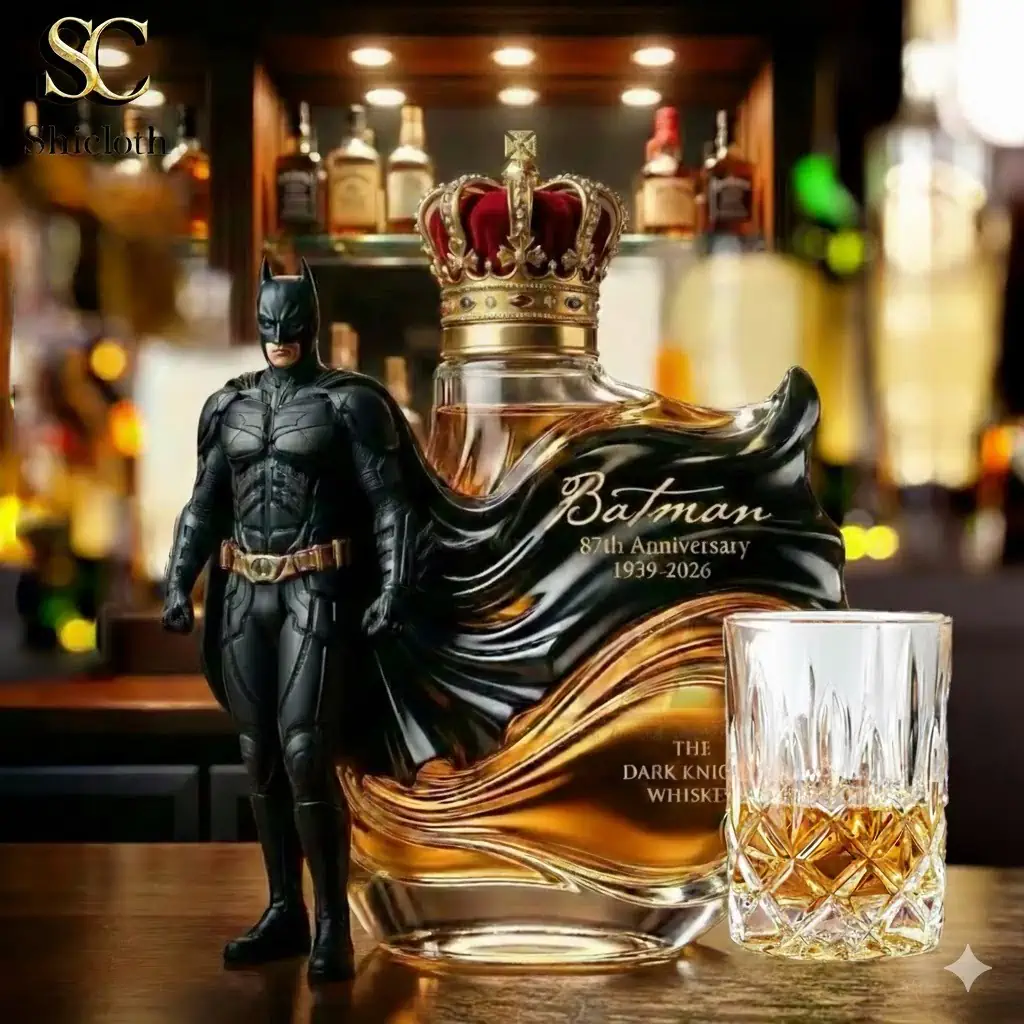 Batman anniversary whiskey bottle with Batman figure on bar table.