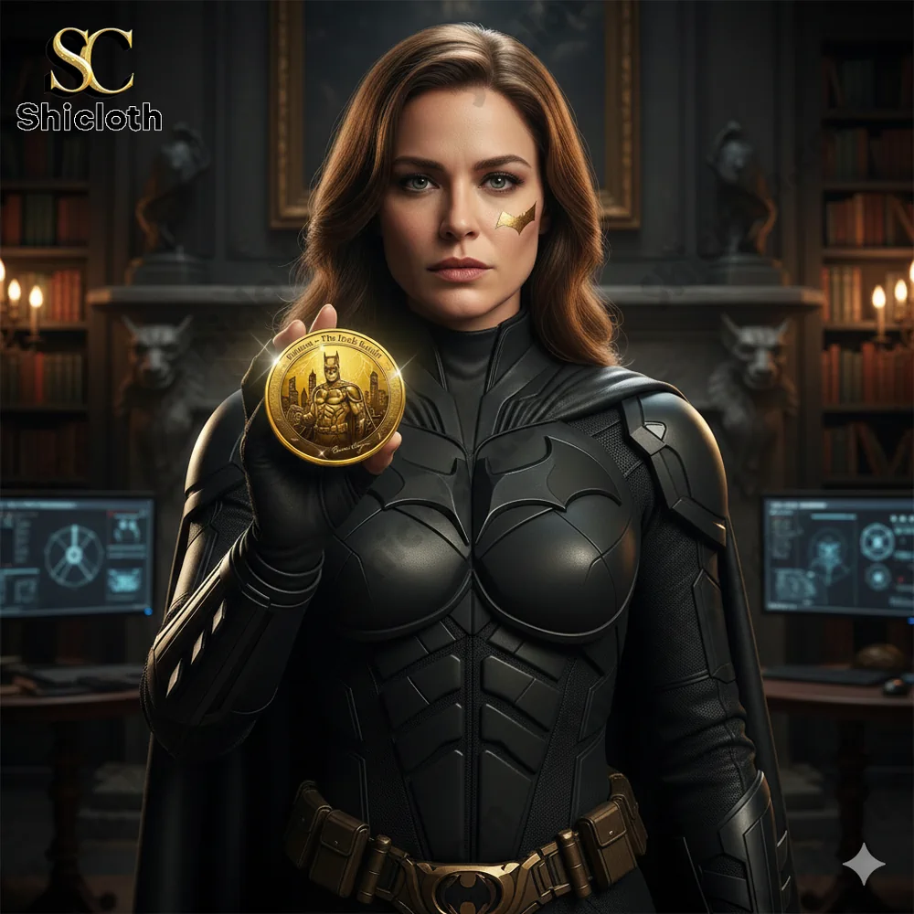 Pokémon 30th Anniversary Commemorative Challenge Coin Series 28 Female Batman hero holding a golden Batman coin in a dark batcave office!