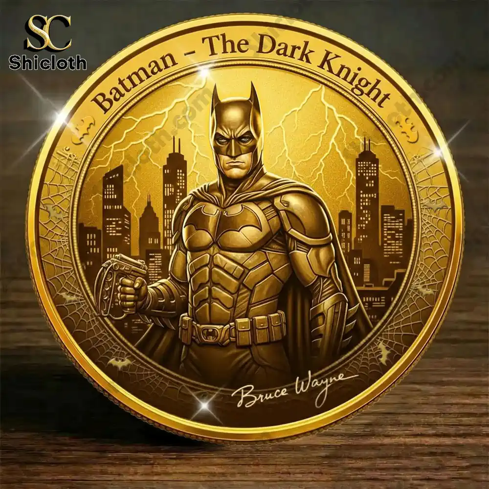 Golden Batman coin with Dark Knight standing before city skyline!