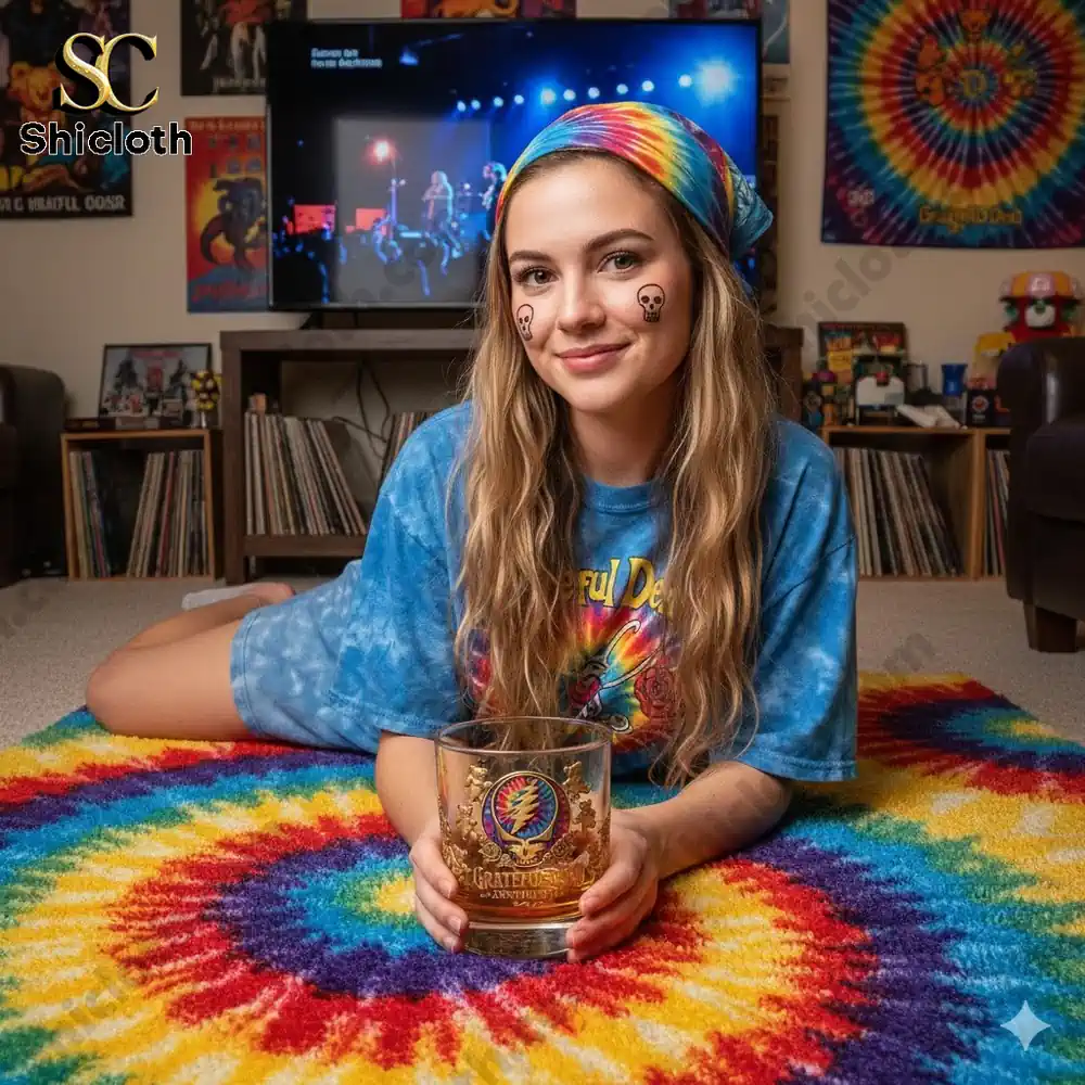 Woman holding Grateful Dead anniversary glass on tie dye rug!