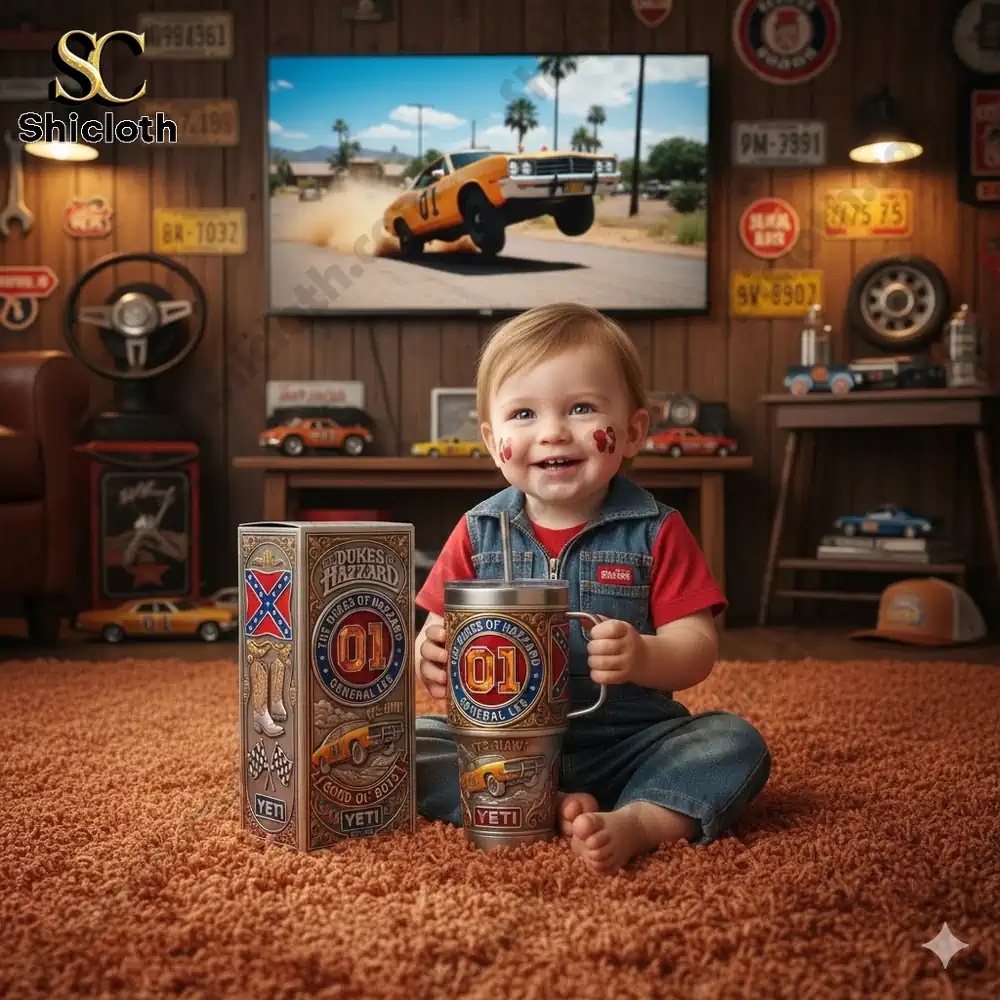 Baby sitting on carpet holding Dukes of Hazzard Yeti tumbler in themed room!