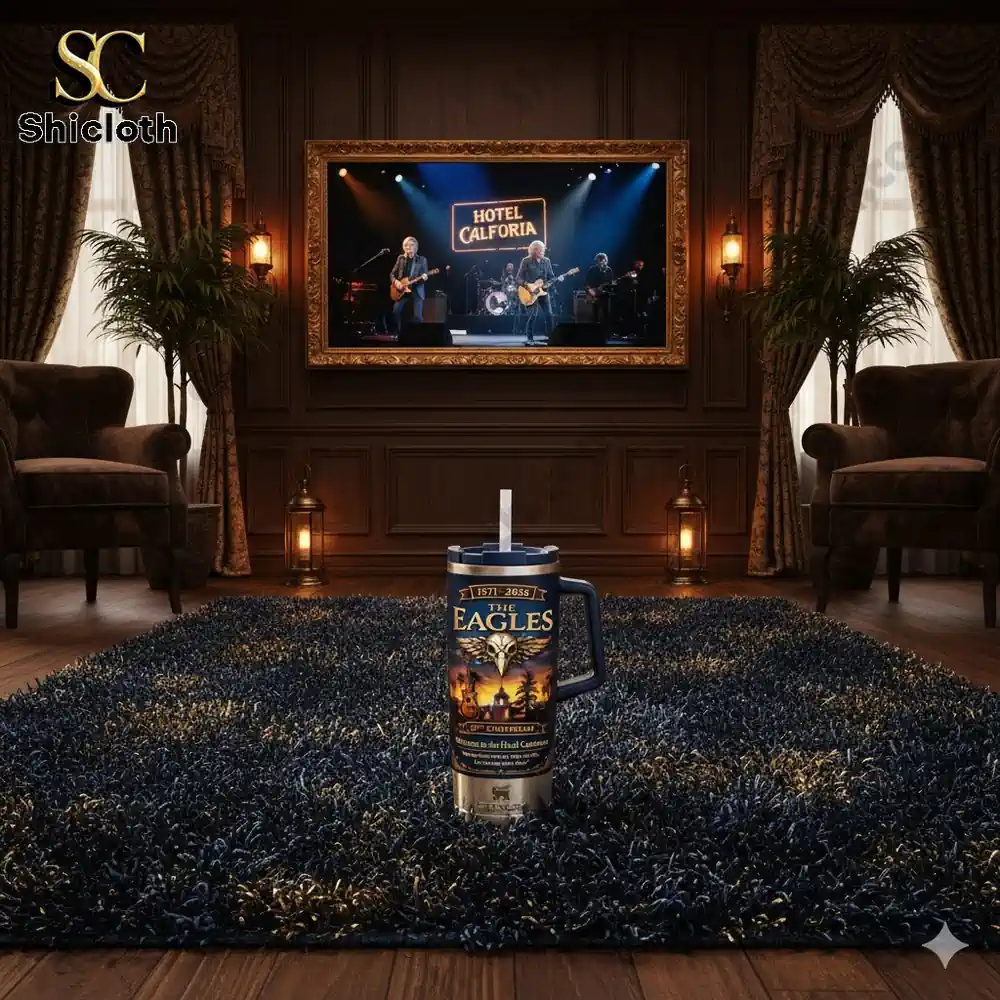 Stanley mug with The Eagles Hotel California artwork displayed in an elegant living room setting!