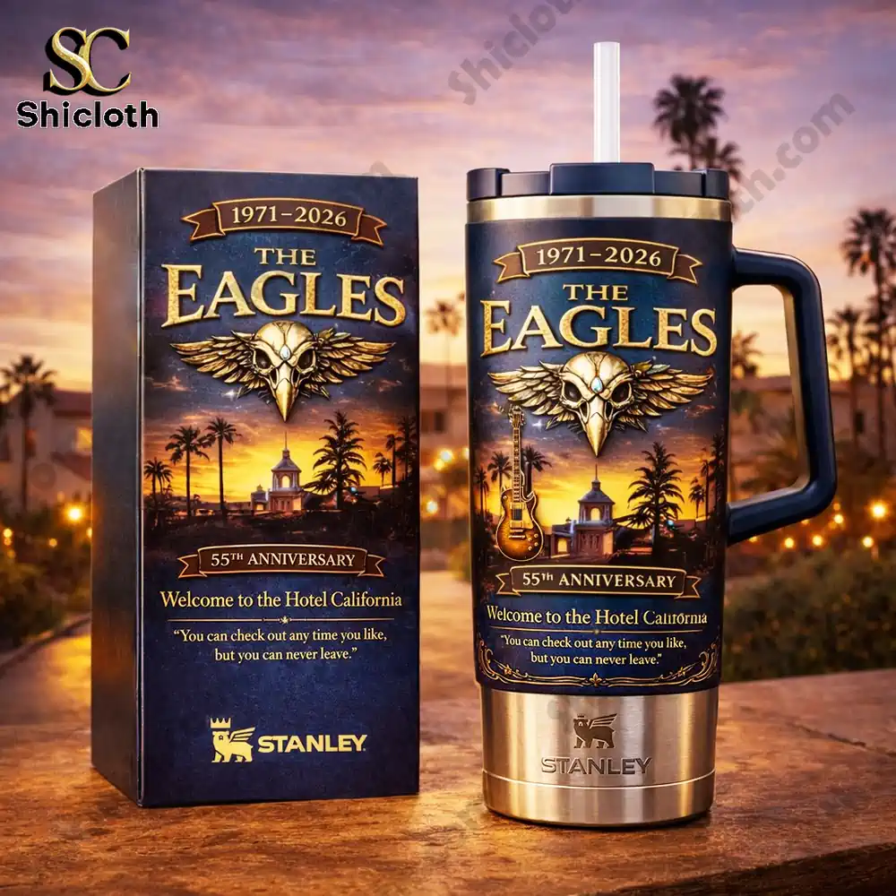 Stanley mug and box with The Eagles Hotel California design set against a sunset outdoor scene!