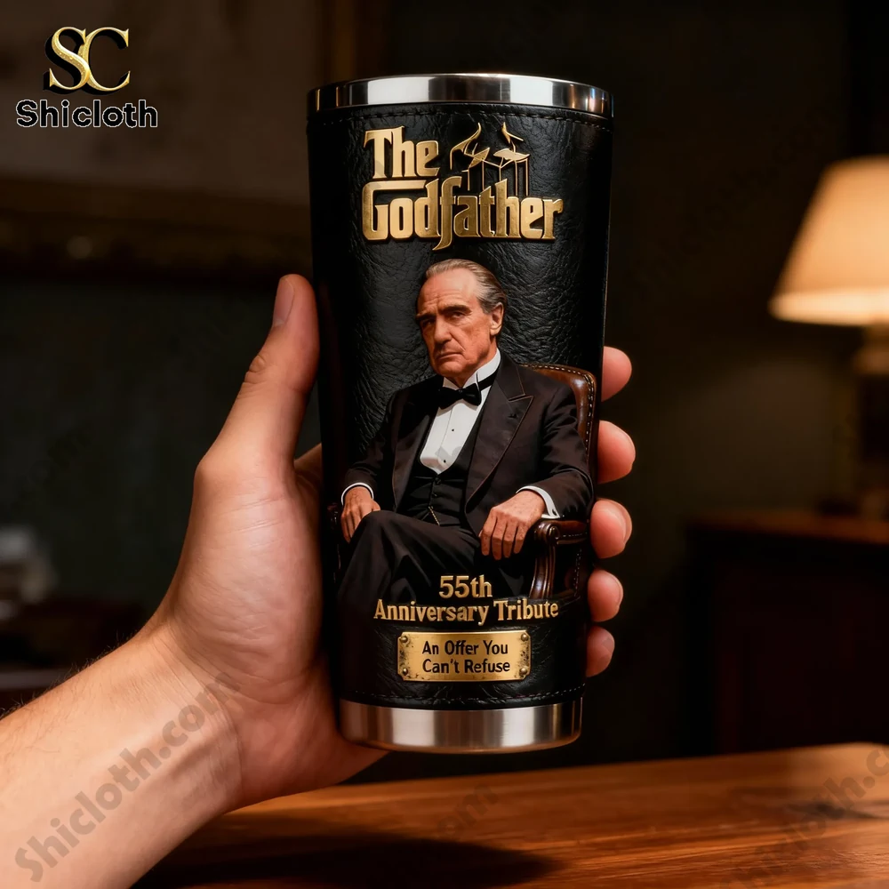 Hand holding Godfather themed insulated tumbler!