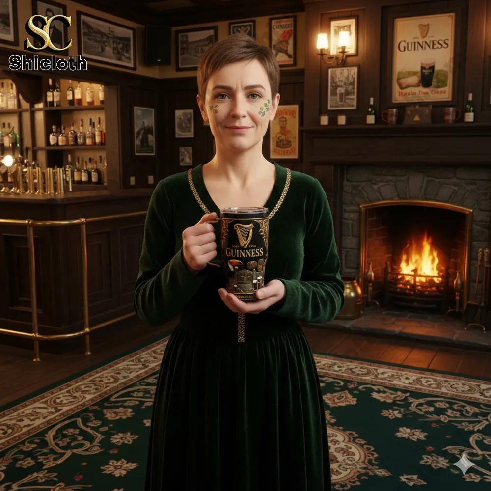 Woman holding a Guinness commemorative mug in a cozy pub setting!