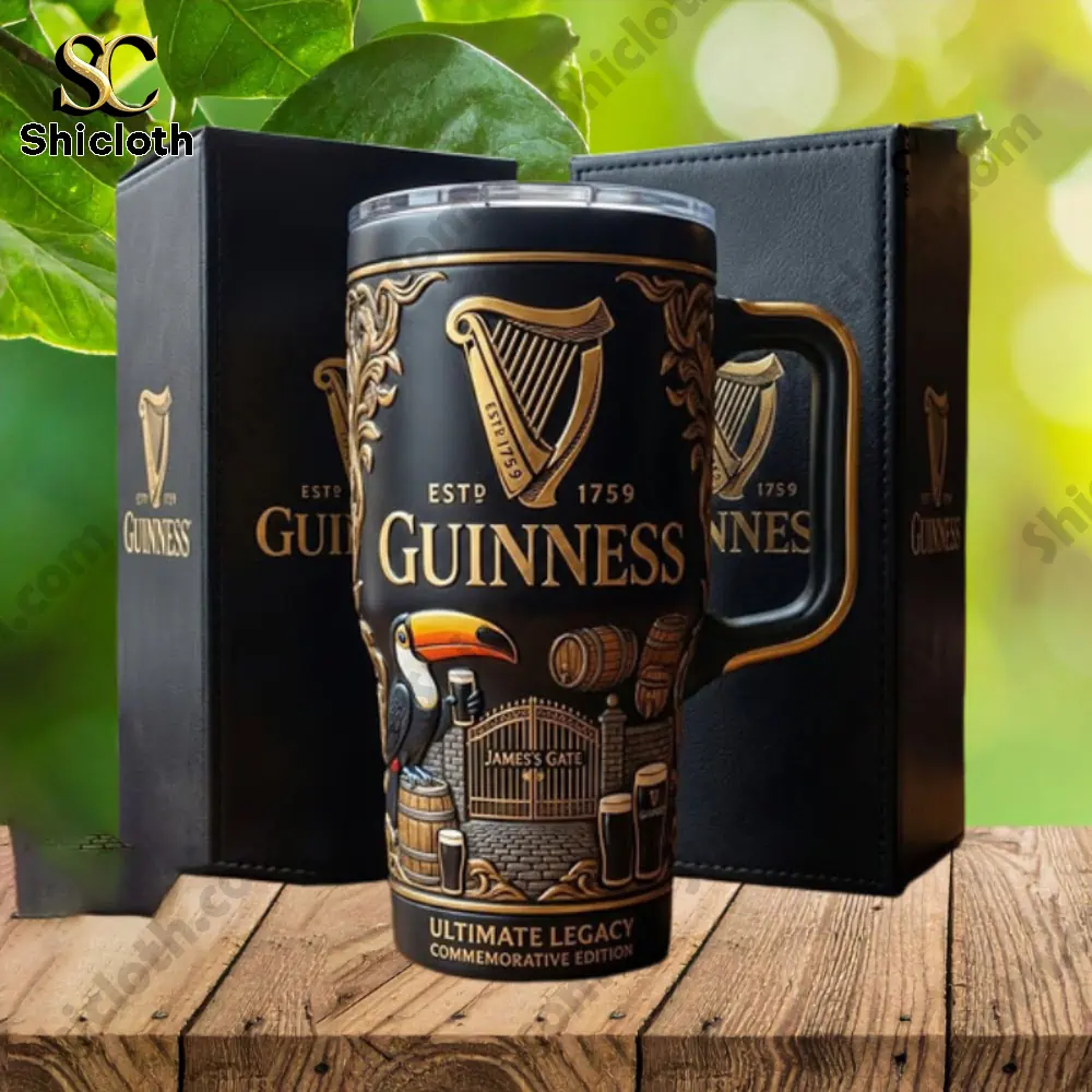 Guinness commemorative mug displayed on a wooden table with gift box!