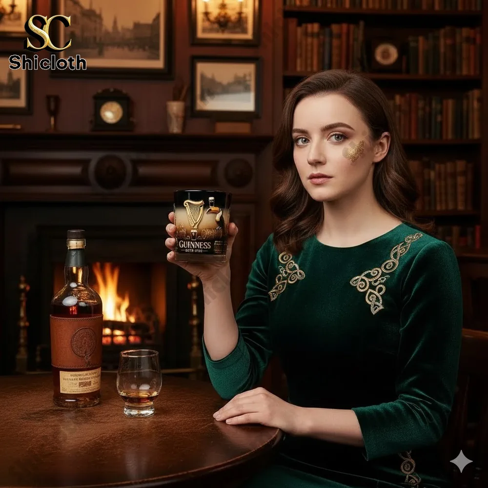 Woman holding a Guinness glass in a classic cozy room!