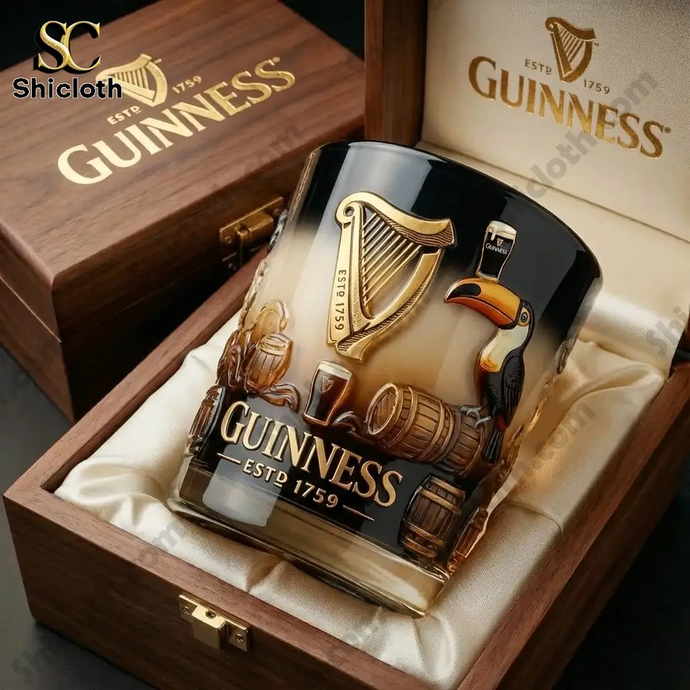 Guinness glass displayed in a wooden gift box!