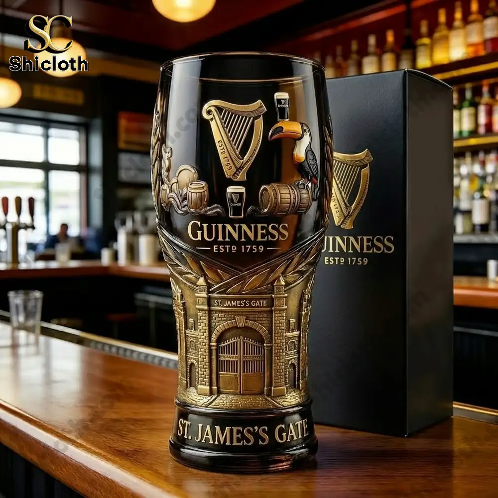 Guinness St James Gate pint glass displayed on a bar counter!