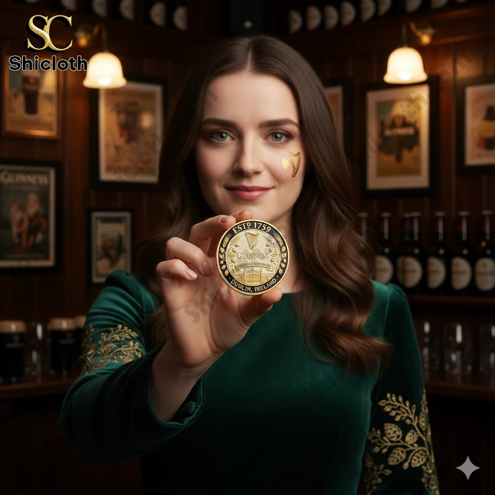 Woman holding a Guinness heritage coin in a classic Irish bar setting!