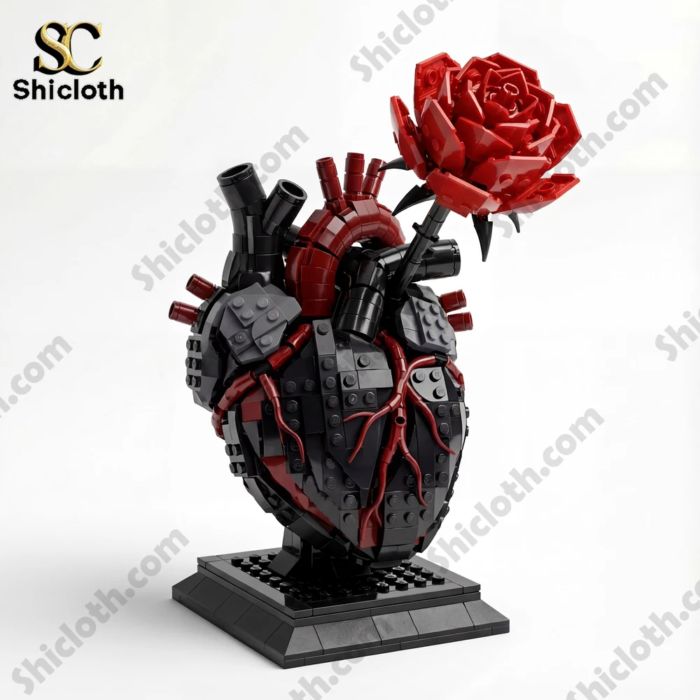 Lego anatomical heart with red rose on display stand by Shicloth!