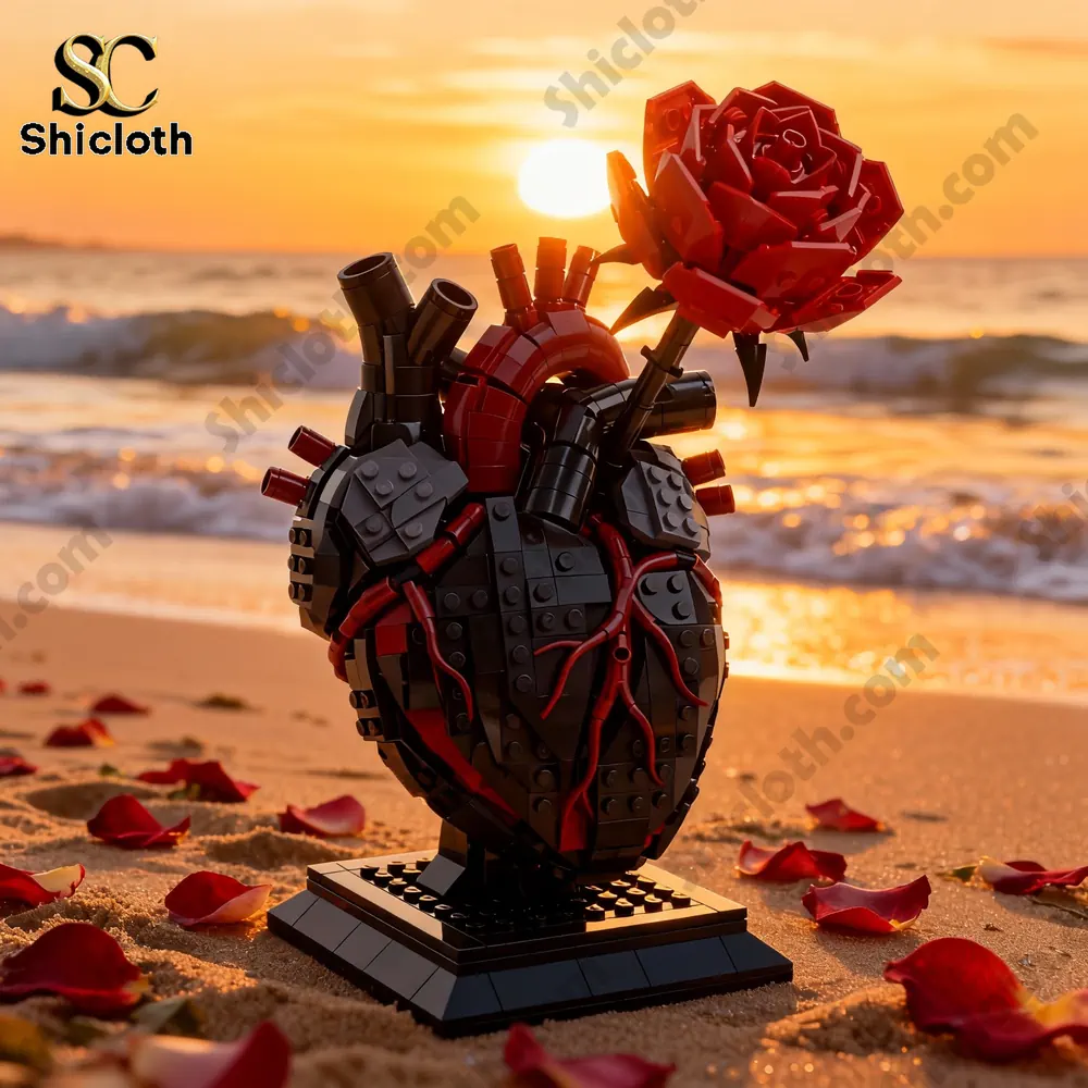 Lego heart with red rose on beach at sunset by Shicloth!