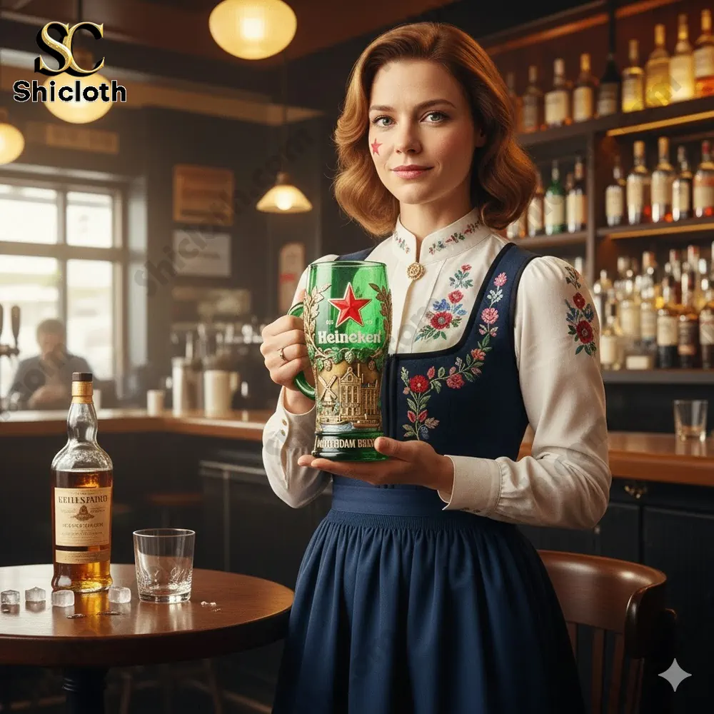 Woman holding Heineken beer mug in a warm bar setting!