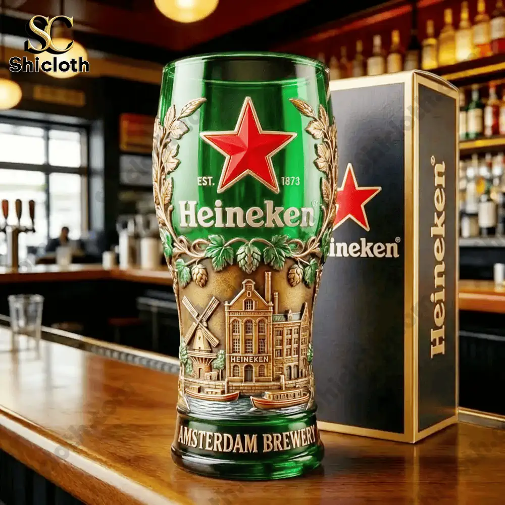 Heineken beer mug displayed on wooden bar counter!