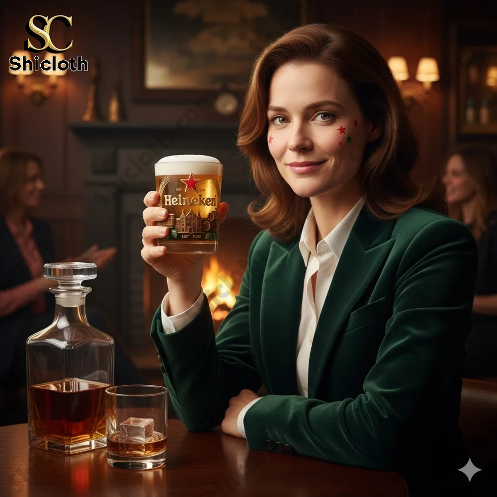 Woman holding a Heineken glass in a cozy bar setting!