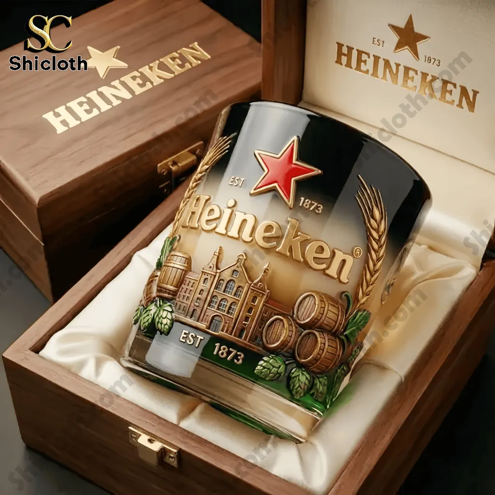 Heineken glass displayed inside a premium wooden gift box!