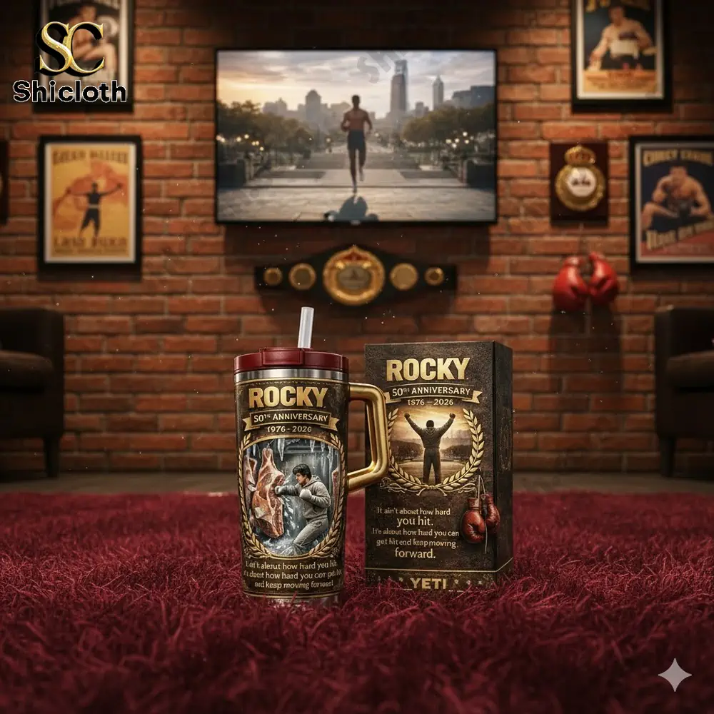 Rocky themed insulated mug with gift box on gym background!