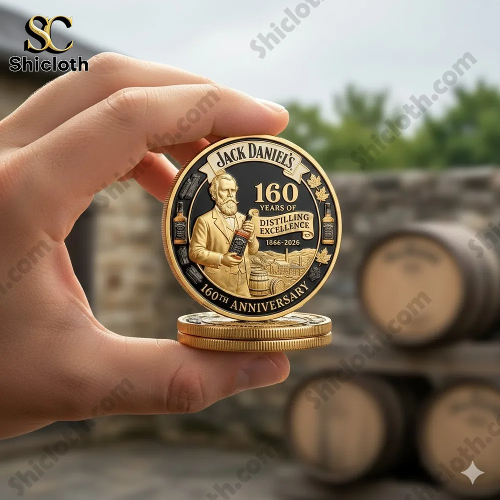 Hand holding a Jack Daniels anniversary commemorative coin.