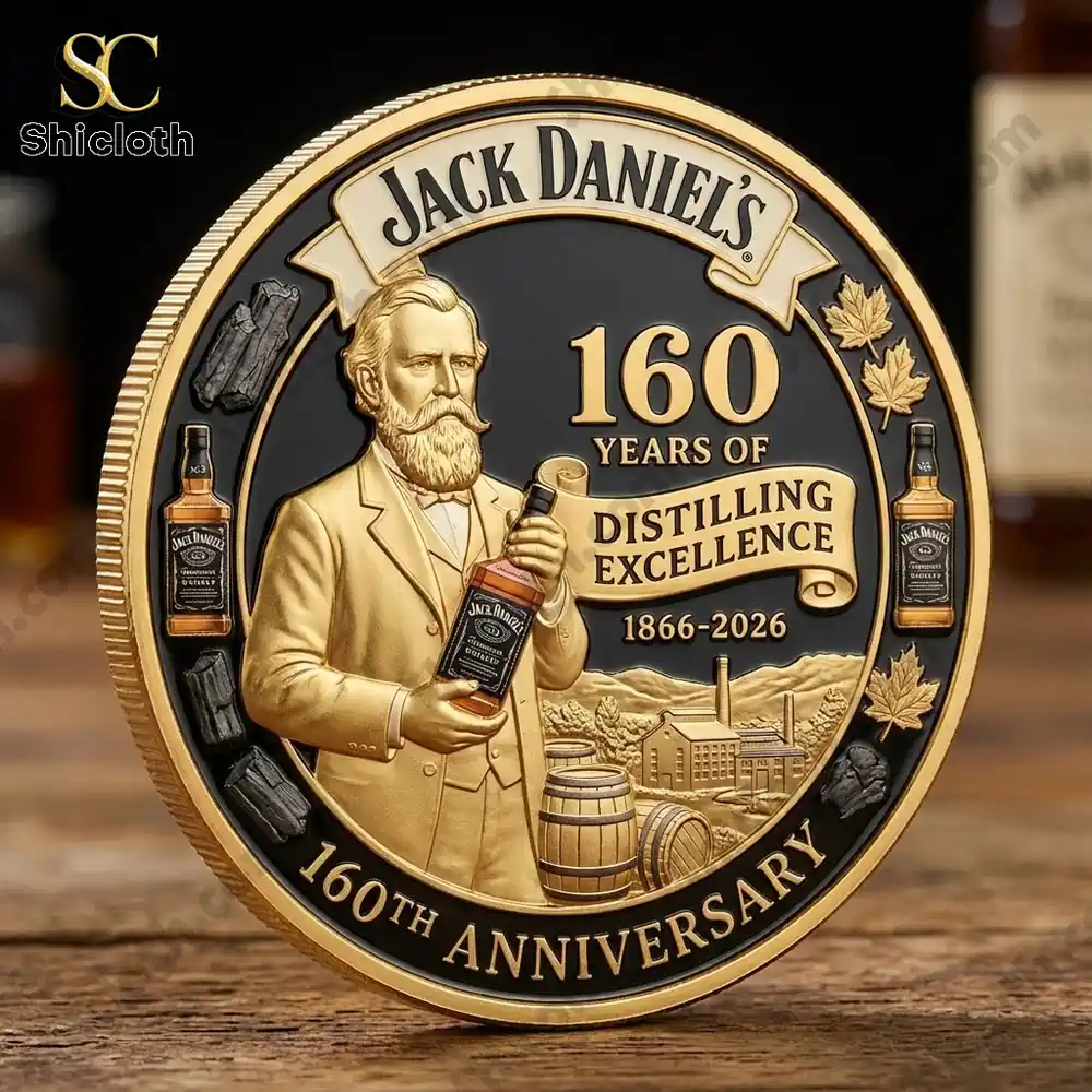 Front view of Jack Daniels anniversary commemorative coin.