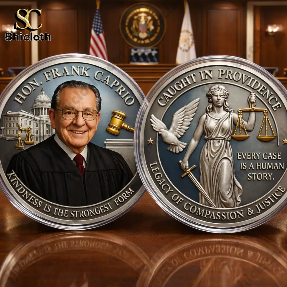 Two justice themed commemorative coins displayed in a courtroom setting!