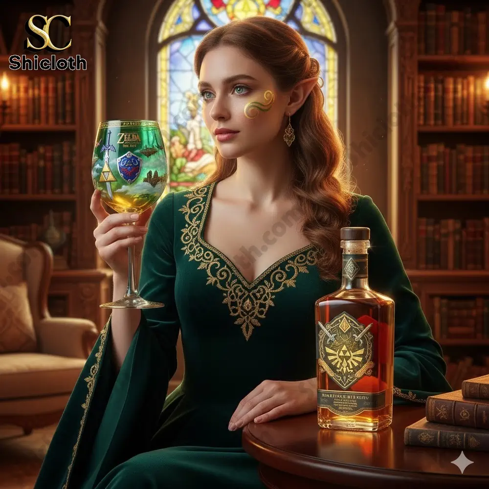 Fantasy elf woman holding a green Zelda themed wine glass in a classic library setting!