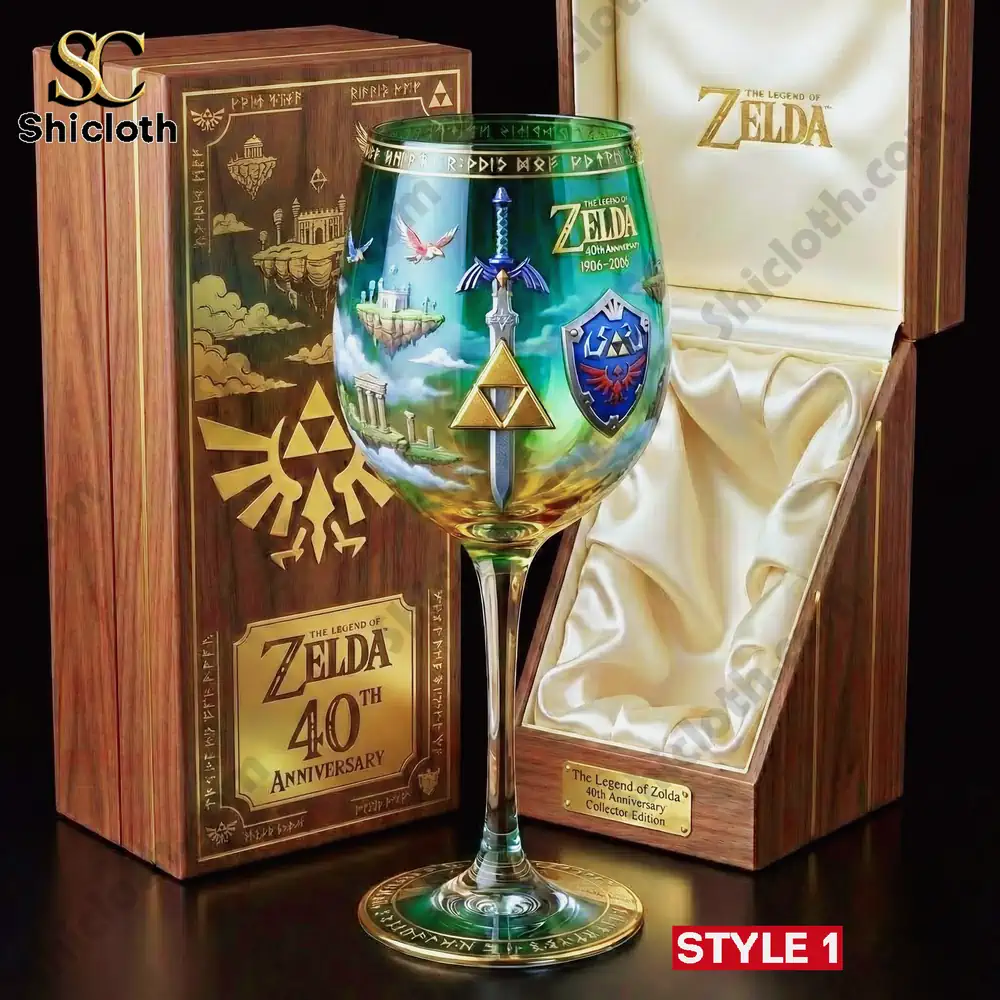 Zelda anniversary wine glass displayed with a luxury wooden collector box!