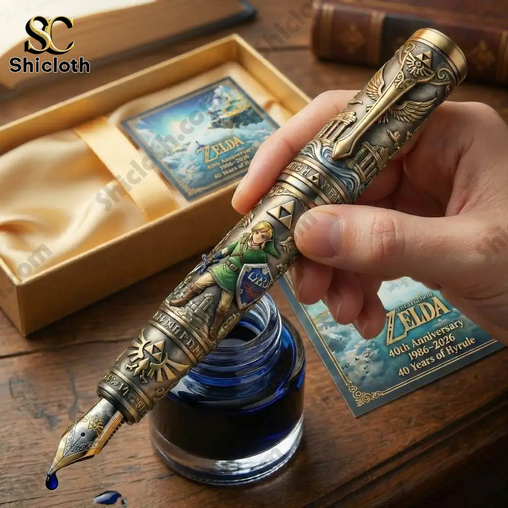 Fantasy themed fountain pen resting on an ink bottle inside a gift box by Shicloth!
