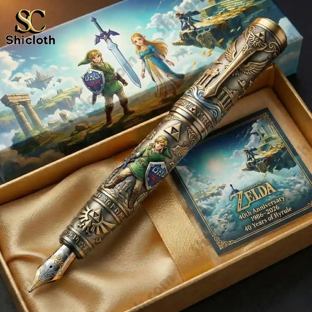 The Legend of Zelda 40th Anniversary Collector's Pen 3 Fantasy fountain pen displayed in a gift box with adventure artwork by Shicloth!
